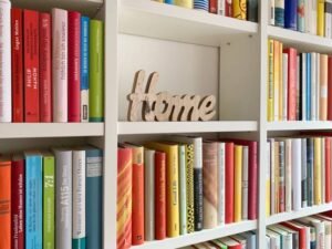 Library shelves and one part filled with a wooden heart