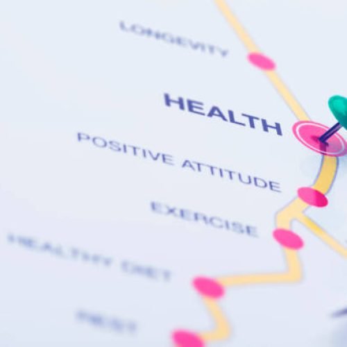 Road map to health concept with exercise, diet and longevity.