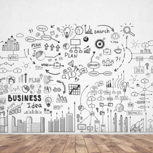 Hand drawn business plan sketch drawn on a concrete wall with in a wooden floor room. Concept of strategy and planning