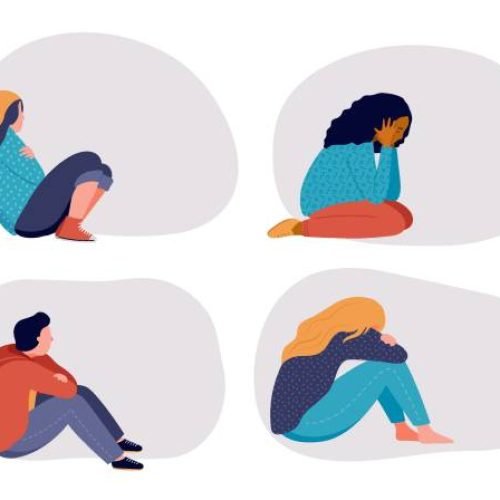 Young people, teenagers, suffering from psychological diseases, anxiety. Girls and boys sitting sad by the window or wall. Vector illustration